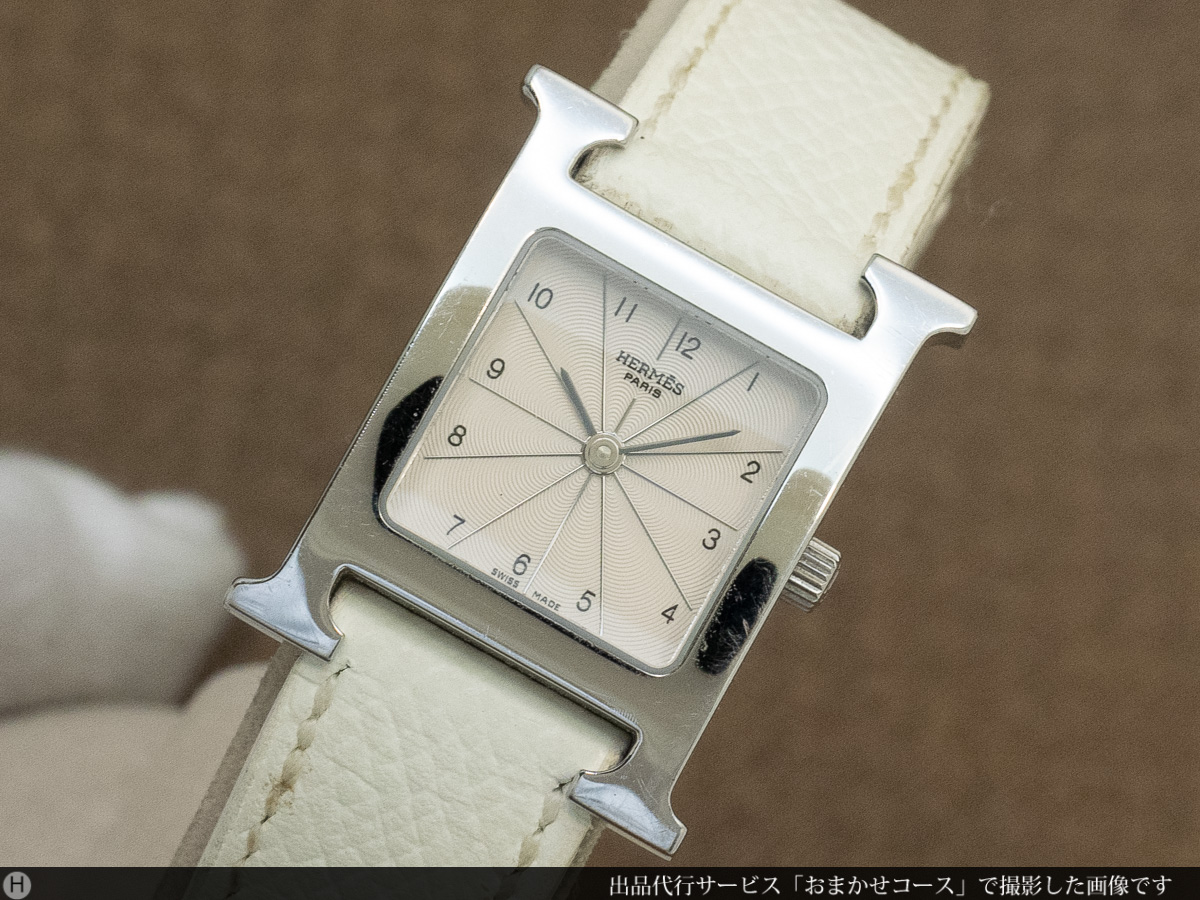 HERMES◇H Watch/腕時計/アナログ/レザー/ホワイト/ブラック/ベルト傷アリ/電池切れ - アナログ（クォーツ式）