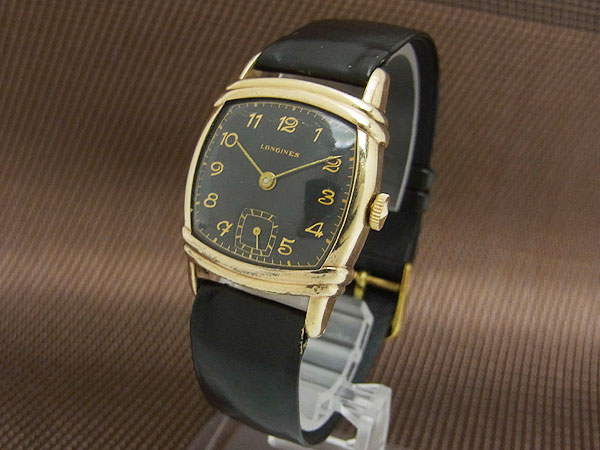 ロンジン Cal.10L スモールセコンド 10K GOLD FILLED スクエア ブラックダイヤル 角金 手巻き BOX付属 LONGINES black [代行おまかせコース]