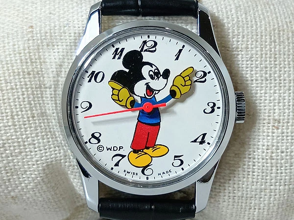 ミッキーマウス 美品 SWISS製 ミッキーマウス 赤秒針 手巻き 1970年代