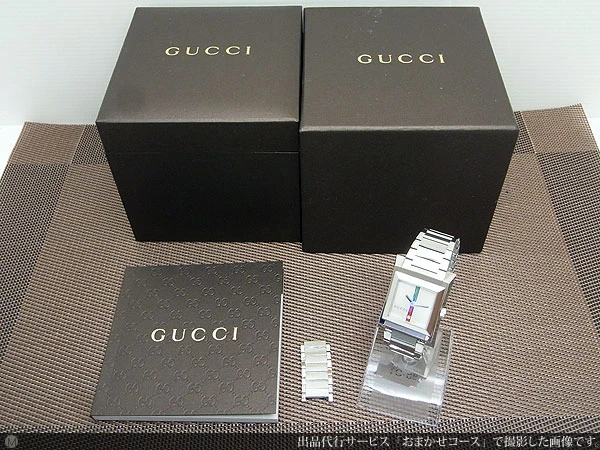 グッチ ボーイズ 111J SS スクエアケース ホワイト トリコロールライン クオーツ BOX付属 GUCCI Boys [代行おまかせコース]