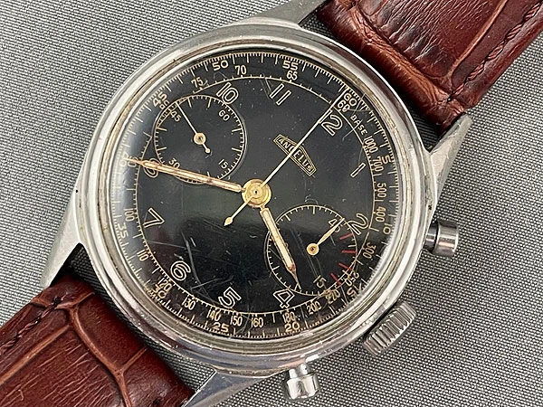 アンジェラス 2reg.クロノグラフ Cal.215 SS 38mm ビッグケース ブラック文字盤 アンティーク 手巻き ANGELUS Chronograph