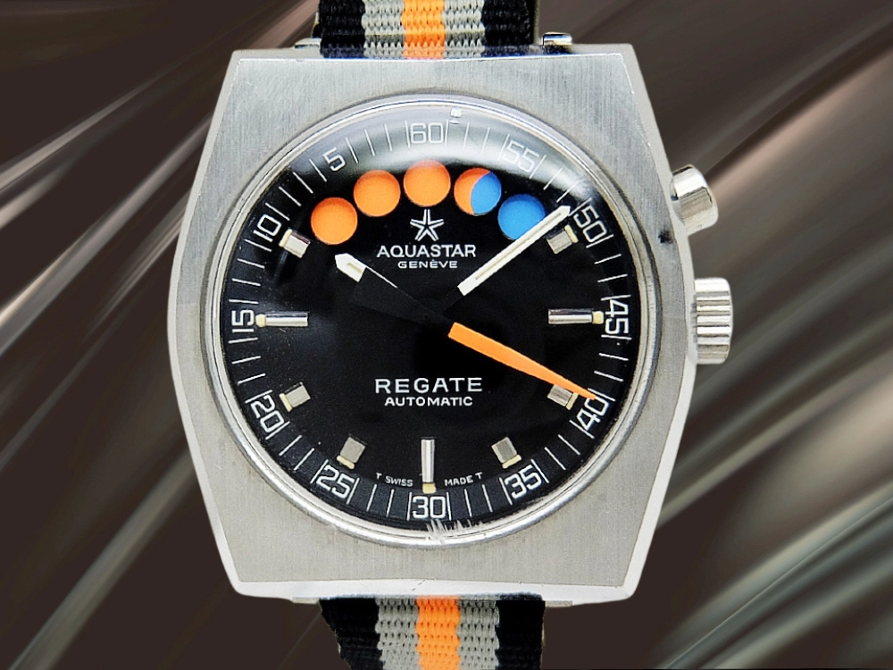 アクアスター レガッタ ヨットタイマー Ref.9854 17石 Cal.1345 SS 角型 ブラックダイヤル オートマチック AQUASTAR REGATTA [代行おまかせコース]