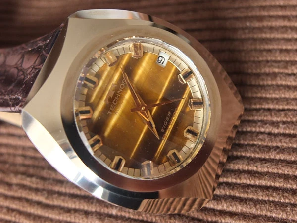 テクノス TECHNOS TIGER Borazon タイガー ボラゾン オートマチック 自動巻 カットガラス 虎目石文字盤 希少 美品