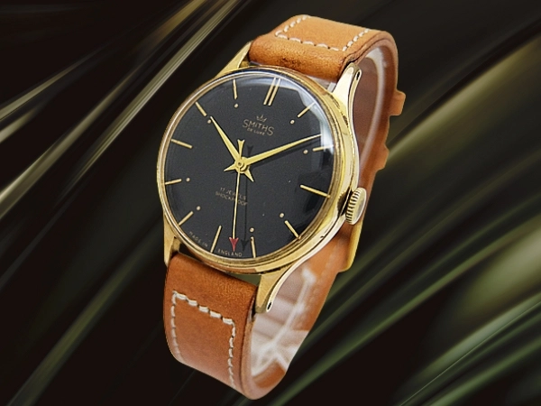 スミス デラックス 17石 GP/SS ブラックダイヤル センターセコンド 社外レザー 手巻き ヴィンテージボックス・品質証明書付属 SMITHS DELUXE MADE INENGLAND [代行おまかせコース]