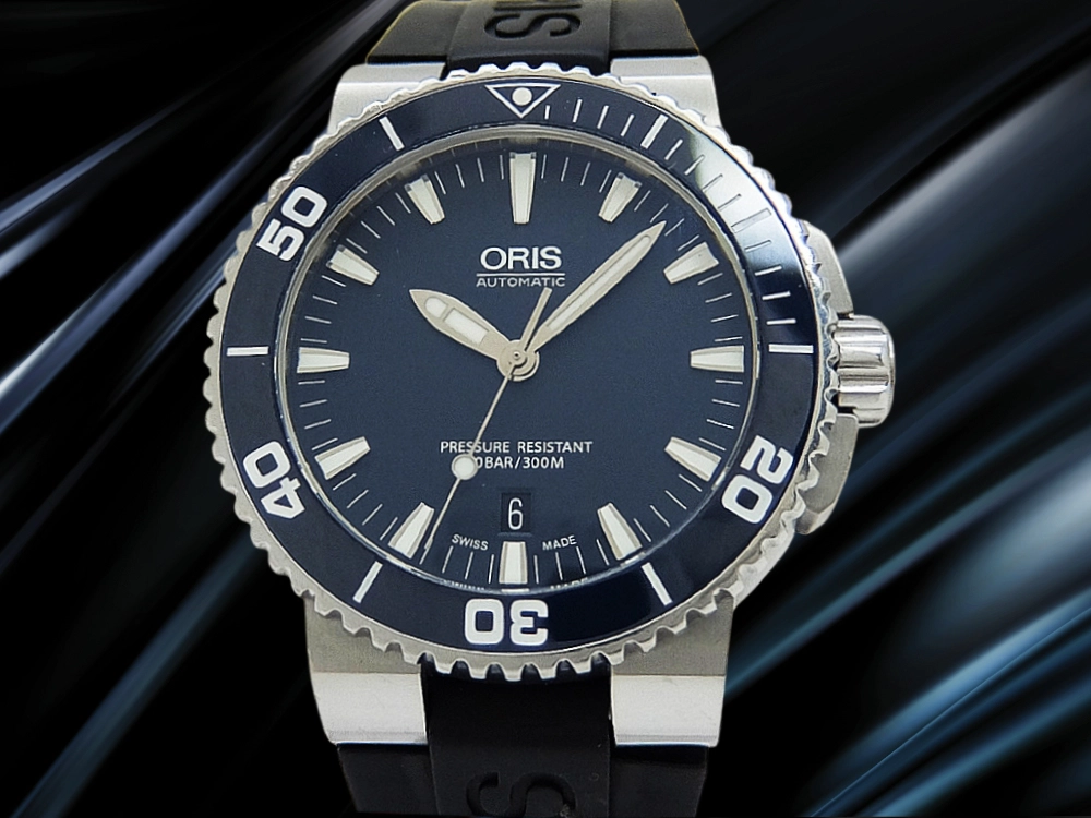 オリス  アクイス デイト Ref.7653 SS ダークブルーダイヤル 回転ベゼル ラバーベルト装着  ダイバーズ オートマチック BOX・ギャラ付属 ORIS AQUIS [代行おまかせコース]