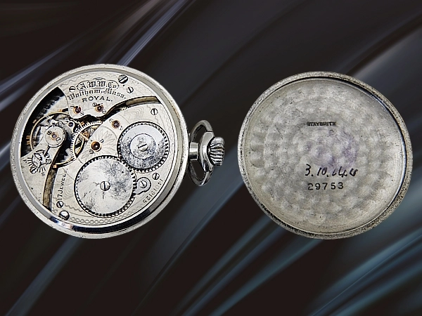 ウォルサム ロイヤル 17石 Staybriteケース ポーセリンダイヤル 重量26g 銀製 T字バーチェーン 懐中時計 WALTHAM Royal [代行おまかせコース]