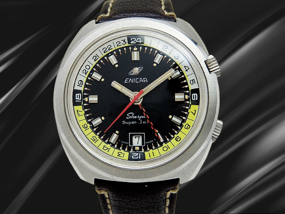 エニカ シェルパ スーパー ジェット GMT Ref.166-36-01 SS スーパーコンプレッサーケース ブラックダイヤル 白黄インナーベゼル 社外ベルト装着 オートマチック ENICAR Sherpa Super Jet [代行おまかせコース]