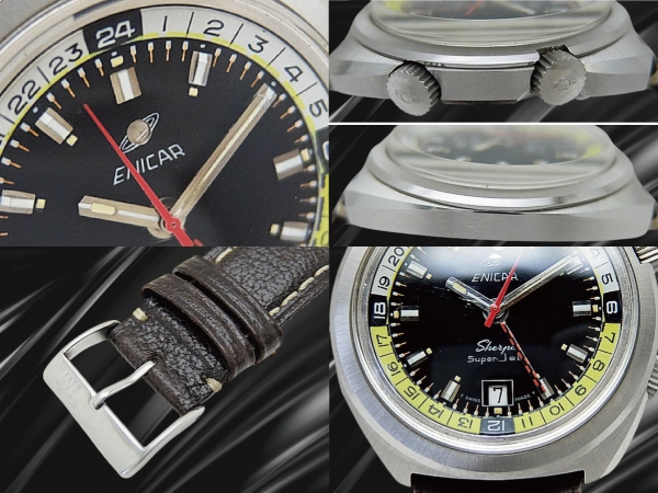 エニカ シェルパ スーパー ジェット GMT Ref.166-36-01 SS スーパーコンプレッサーケース ブラックダイヤル 白黄インナーベゼル 社外ベルト装着 オートマチック ENICAR Sherpa Super Jet [代行おまかせコース]