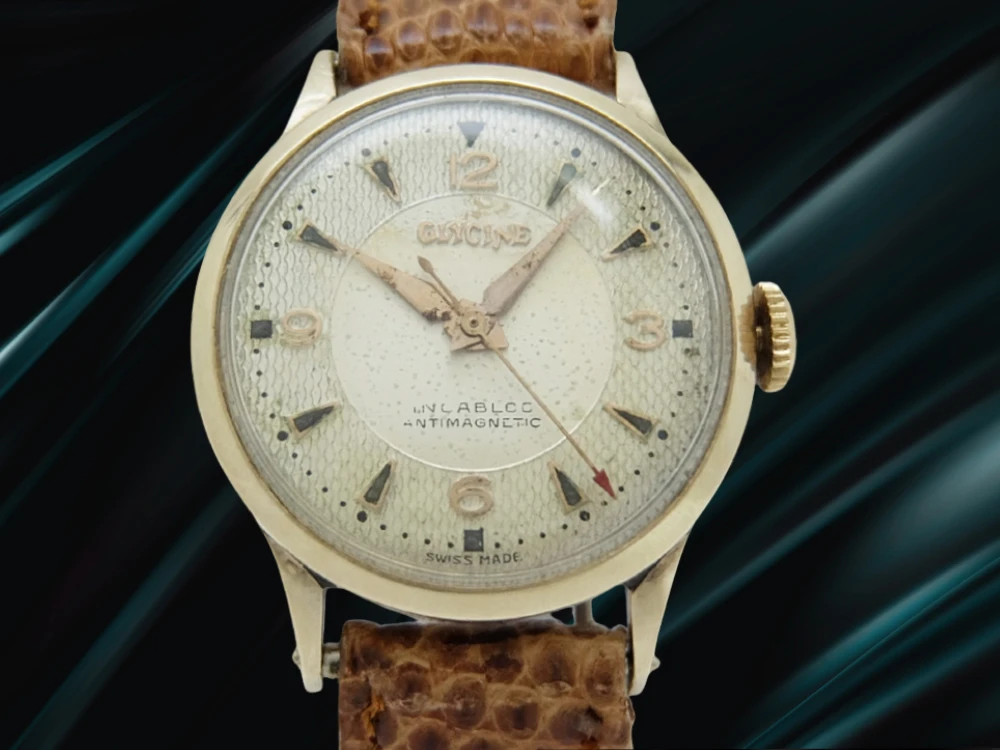 グリシン センターセコンド 17石 Cal.F465 重量18g 14K金無垢 ギョウシェダイヤル 社外ベルト装着 手巻き GLYCINE INCABLOC [代行おまかせコース]