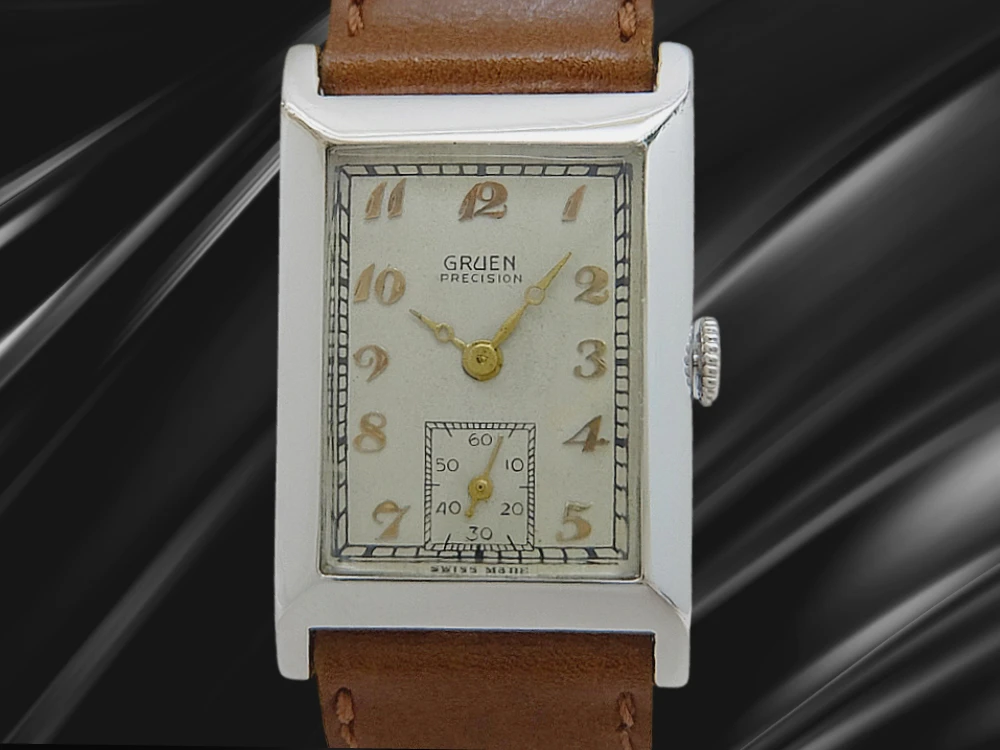 グリュエン クアドロン 重量24g 18KWG 角型 レクタンギュラー Cal.117 アールデコ パティナダイヤル 社外レザー装着 2025年OH済 時計店修理明細付属 手巻き GRUEN PRECISION QUADRON [代行おまかせコース]
