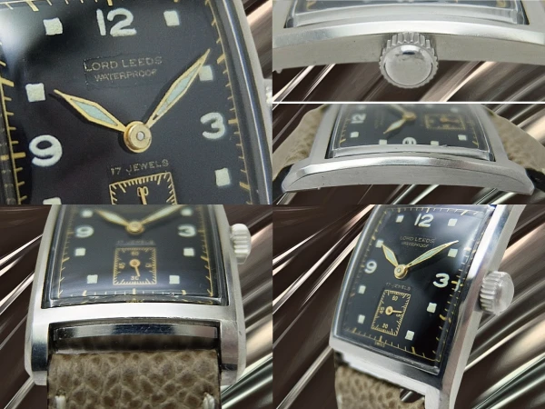ロードリーズ 角型 レクタンギュラー SS ネジ留め式 ブラックダイヤル 社外製レザー装着 手巻き アンティーク LORD LEEDS [代行おまかせコース]