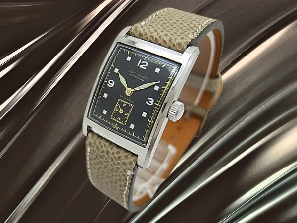 ロードリーズ 角型 レクタンギュラー SS ネジ留め式 ブラックダイヤル 社外製レザー装着 手巻き アンティーク LORD LEEDS [代行おまかせコース]