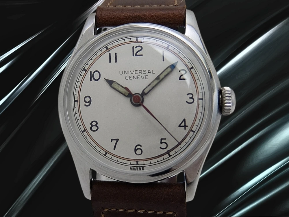 ユニバーサルジュネーブ 17石 Cal.267 SS シルバーダイヤル 社外製レザー装着 手巻き UNIVERSAL GENEVE [代行おまかせコース]