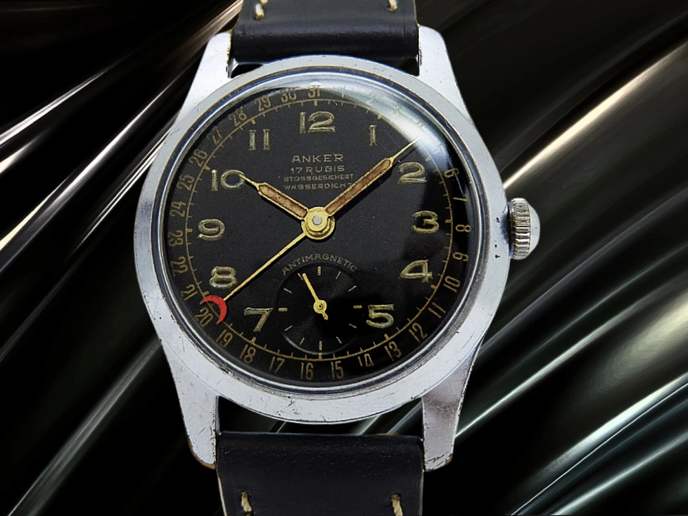 アンカー ポインターデイト 17石 Cal.UWERSI メッキ/SS Sマーク ブラックダイヤル 社外レザー装着 アンティーク 手巻き ANKER [代行おまかせコース]