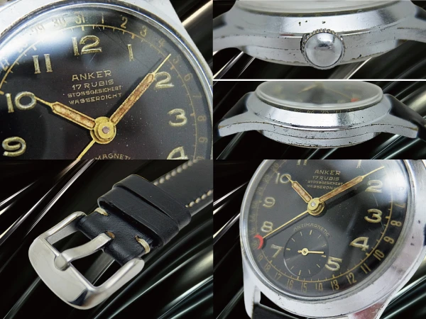 アンカー ポインターデイト 17石 Cal.UWERSI メッキ/SS Sマーク ブラックダイヤル 社外レザー装着 アンティーク 手巻き ANKER [代行おまかせコース]