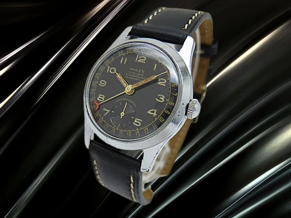 アンカー ポインターデイト 17石 Cal.UWERSI メッキ/SS Sマーク ブラックダイヤル 社外レザー装着 アンティーク 手巻き ANKER [代行おまかせコース]