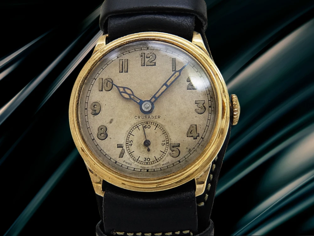 クルセーダー スモールセコンド 15石 重量19g 9K 金無垢 デニソン社製ケース  パティナダイヤル 背あて付き社外レザー装着 アンティーク 手巻き CRUSADER Dennison  [代行おまかせコース]