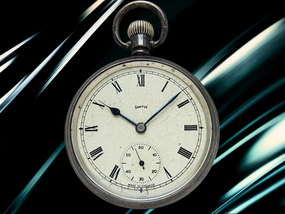 スミス 懐中時計 15石 本体重量103g デニソン社製 銀無垢ケース スパイダーダイヤル 社外製シルバーチェーン+フォブ付属 SMITHS DELUXE MADE IN ENGLAND [代行おまかせコース]
