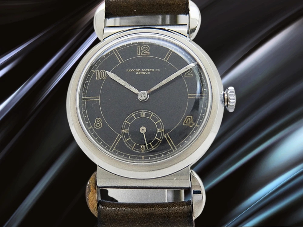 レコード スモールセコンド Cal.106 SS ムービングラグ ブラックセクターダイヤル 社外レザー装着 手巻き RECORD WATCH CO GENEVE [代行おまかせコース]