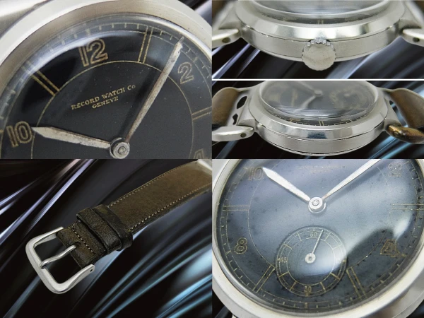 レコード スモールセコンド Cal.106 SS ムービングラグ ブラックセクターダイヤル 社外レザー装着 手巻き RECORD WATCH CO GENEVE [代行おまかせコース]