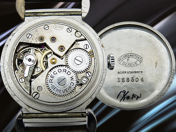 レコード スモールセコンド Cal.106 SS ムービングラグ ブラックセクターダイヤル 社外レザー装着 手巻き RECORD WATCH CO GENEVE [代行おまかせコース]