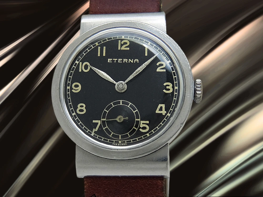 エテルナ スモールセコンド Cal.600 SS フーデッドラグ ブラックパティナダイヤル ハメ殺しタイプ社外製レザーストラップ装着 手巻き ETERNA [代行おまかせコース]