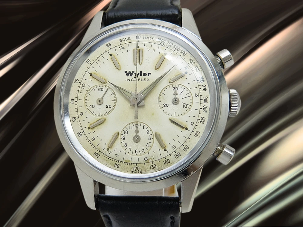 バルジュー72 ワイラー ヴィンテージ クロノグラフ SS ワンピースケース シルバーパティナダイヤル 社外レザー装着 手巻き Wyler Incaflex Valjoux 72 Chronograph [代行おまかせコース]