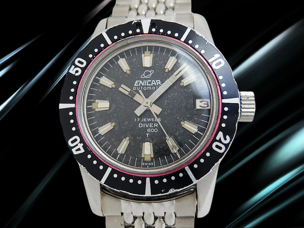 エニカ ダイバー600T Cal.AS1145 SS ブラックダイヤル 回転ベゼル 7連ジュビリーブレスレット装着 オートマチック ヴィンテージボックス付属 ENICAR DIVER 600T [代行おまかせコース]