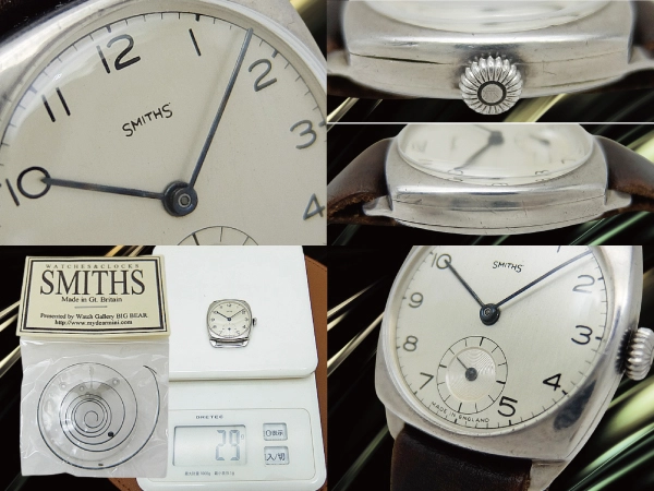 スミス 初期型 15石 Cal.1215 重量29g デニソン社銀無垢 クッション シルバーダイヤル 社外引き通しストラップ装着 手巻き 勤続記念 Smiths Sterling Silver 925 [代行おまかせコース]