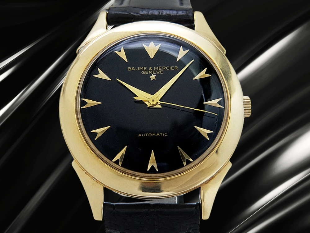 ボーム&メルシェ 14K 金無垢 Cal.Felsa 1560 ブラックリダンダイヤル 社外レザー装着 オートマチック ヴィンテージボックス付属 BAUME&MERCIER [代行おまかせコース]