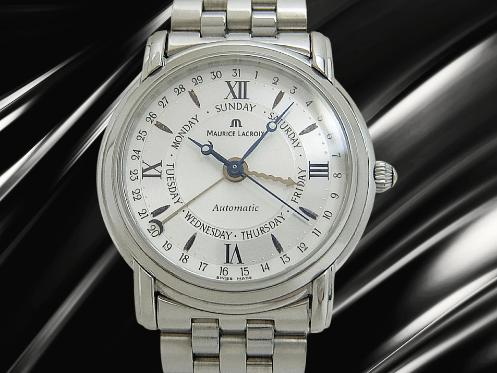モーリスラクロア マスターピース ファイブハンズ デイデイト Ref.27792 Cal.ML27 SS シースルー シルバーツートンダイヤル プッシュ式バタフライバックル7連ブレス装着 オートマチック BOX・ギャラ等付属 MAURICE LACROIX Masterpiece Collection Five Hands [代行おまかせコース]