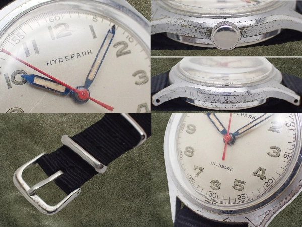 ハイドパーク ミリタリースタイル 50年代 スイス製 17石 メッキ/SS シルバーダイヤル 引き通しストラップ装着 HYDEPARK WATCH CO [代行おまかせコース]