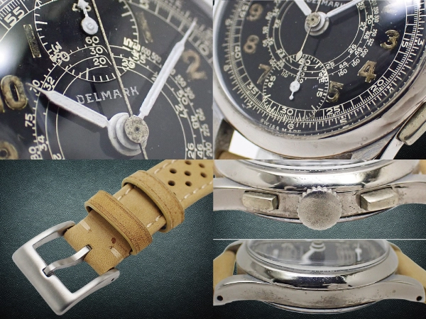 デルマーク 縦目 クロノグラフ Cal.ヴィーナス170 メッキ/SS ブラックダイヤル 社外レザー装着 手巻き DELMARK Chronograph Venus170 [代行おまかせコース]