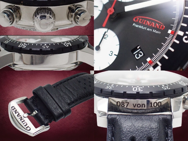 ギナーン HS100 クロノグラフ Ref.R112815 Cal.7750 SS シースルー ブラックダイヤル パンチングレザー+尾錠装着 オートマチック BOX・検査証・認定証付属 GUINAND Frankfurt am Main [代行おまかせコース]