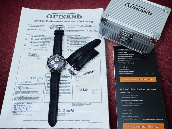 ギナーン HS100 クロノグラフ Ref.R112815 Cal.7750 SS シースルー ブラックダイヤル パンチングレザー+尾錠装着 オートマチック BOX・検査証・認定証付属 GUINAND Frankfurt am Main [代行おまかせコース]