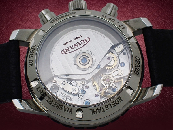 ギナーン HS100 クロノグラフ Ref.R112815 Cal.7750 SS シースルー ブラックダイヤル パンチングレザー+尾錠装着 オートマチック BOX・検査証・認定証付属 GUINAND Frankfurt am Main [代行おまかせコース]