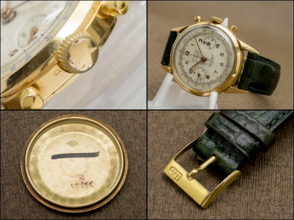 ARNO 2レジスター クロノグラフ 手巻き 17JEWELS  アイボリー ギョウシェダイヤル 18KYG 重量48g ANTIMAGNETIC SWISS MVt.  [ 代行おまかせコース ]