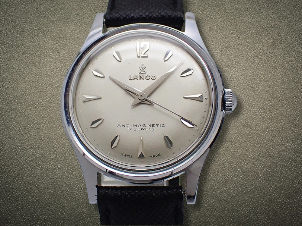 ランコ センターセコンド 17石 Cal.1027 メッキ/SS シルバーダイヤル 社外レザー装着 保管品 LANCO ANTIMAGNETIC [代行おまかせコース]