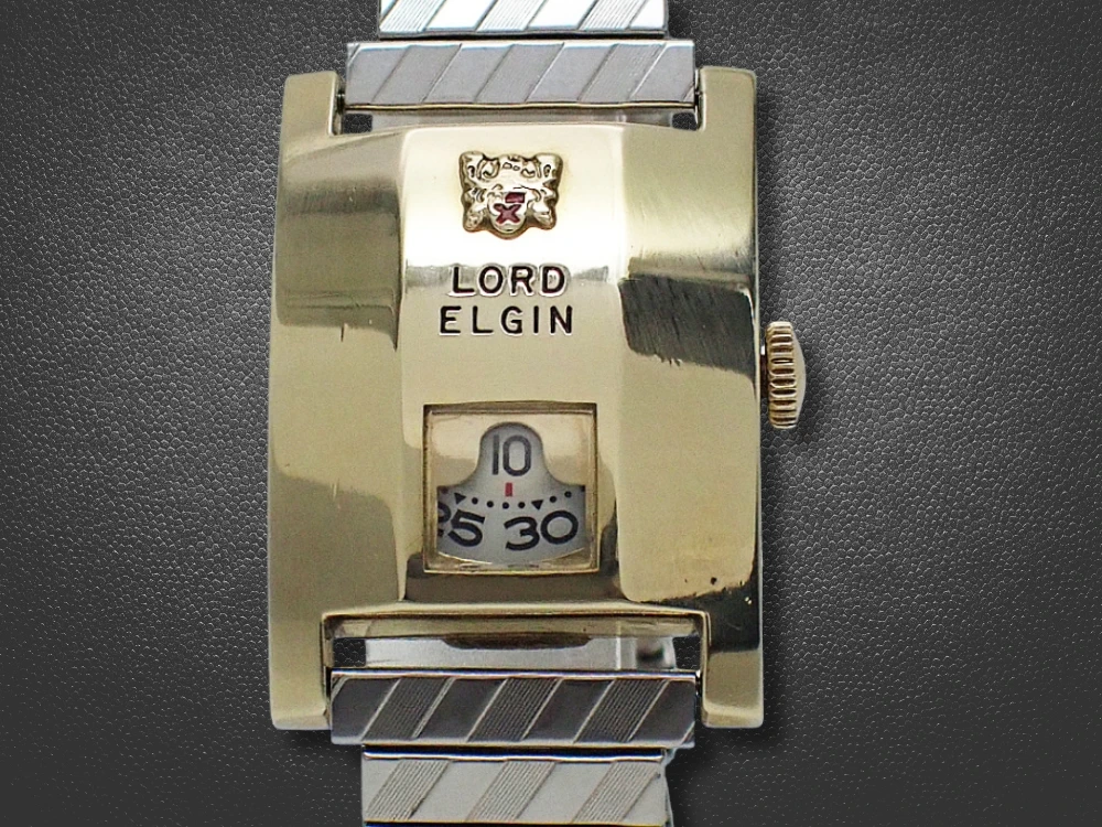 ロード エルジン ジャンピングアワー 鉄仮面 14K GOLD FILLED レクタングル 社外エクステンションブレス装着 手巻き ヴィンテージボックス付属 LORD ELGIN JUMPING HOUR WATCH [代行おまかせコース]