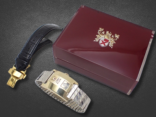 ロード エルジン ジャンピングアワー 鉄仮面 14K GOLD FILLED レクタングル 社外エクステンションブレス装着 手巻き ヴィンテージボックス付属 LORD ELGIN JUMPING HOUR WATCH [代行おまかせコース]