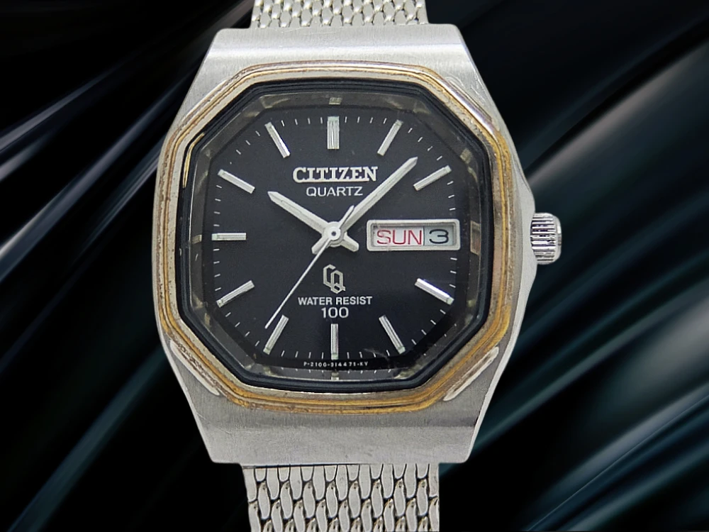 シチズン CQ 2100-288211 SS/PD 8角 ブラックダイヤル 社外ミラネーゼメッシュブレスレット装着 クォーツ CITIZEN QUARTZ [代行おまかせコース]