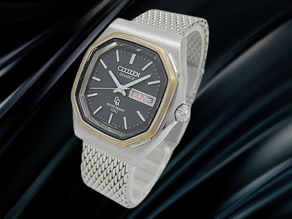 シチズン CQ 2100-288211 SS/PD 8角 ブラックダイヤル 社外ミラネーゼメッシュブレスレット装着 クォーツ CITIZEN QUARTZ [代行おまかせコース]