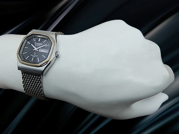 シチズン CQ 2100-288211 SS/PD 8角 ブラックダイヤル 社外ミラネーゼメッシュブレスレット装着 クォーツ CITIZEN QUARTZ [代行おまかせコース]