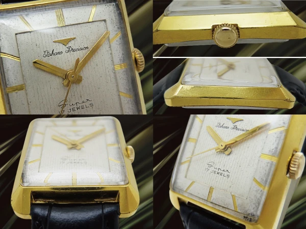 タカノ プレシジョン スーパー 17石 Ref.14028 GP/SS 角型 スクエア シルバーダイヤル 社外レザー装着 手巻き Takano Precision Super [代行おまかせコース]