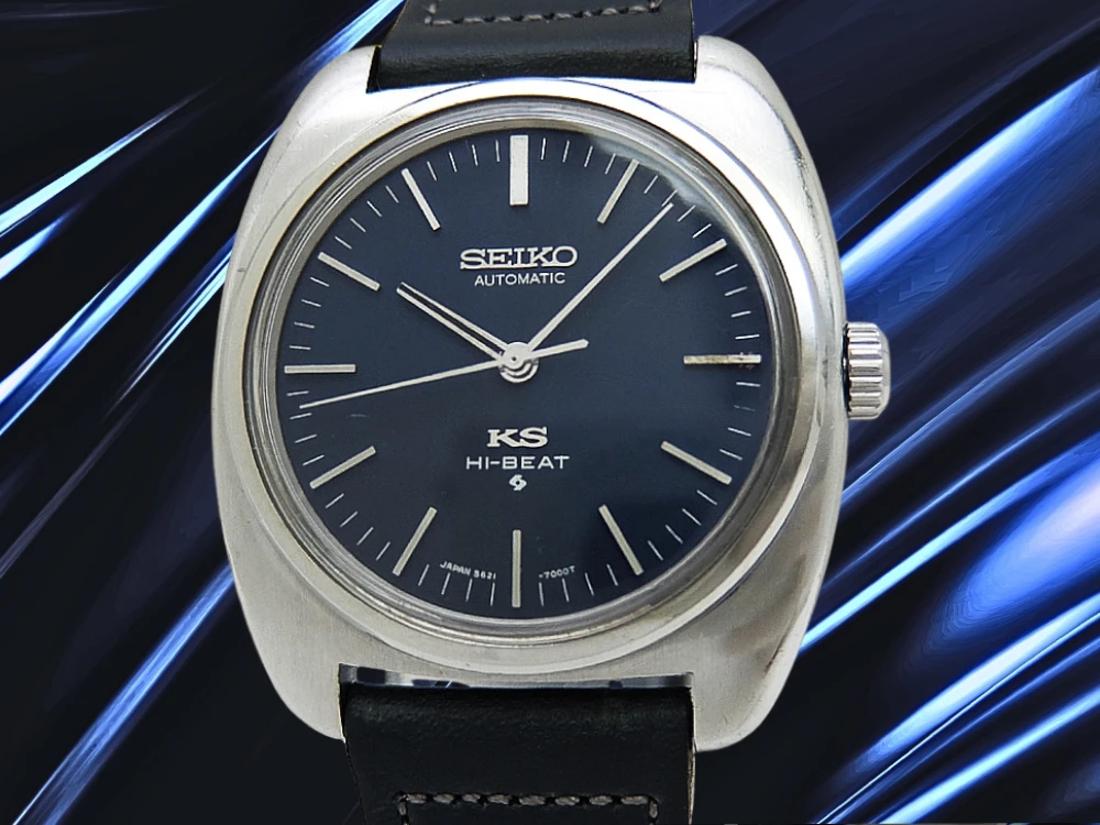 キングセイコー ハイビート 5621-7000 SS クッション ワンピースケース ダークブルーダイヤル 社外製レザー装着 オートマチック KING SEIKO HI-BEAT 56KS [Shopまるごと委託]
