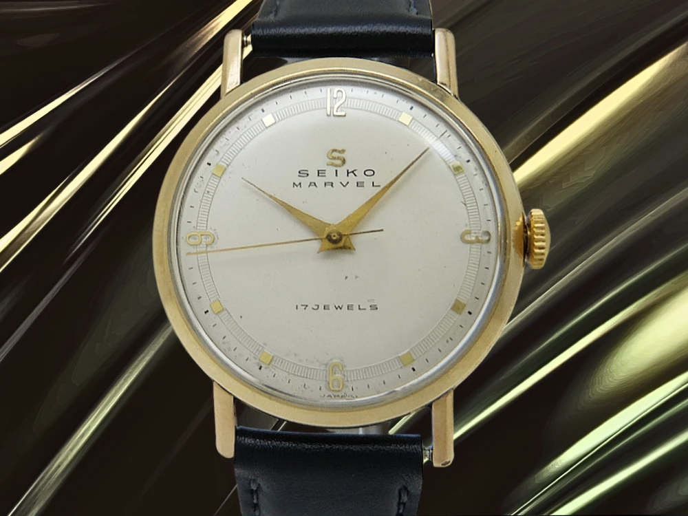 セイコー マーベル J14022 17石 14K GOLD FILLED/SS Sマーク 3バカダイヤル 社外レザー装着 アンティーク 手巻き SEIKO MARVEL [代行おまかせコース]