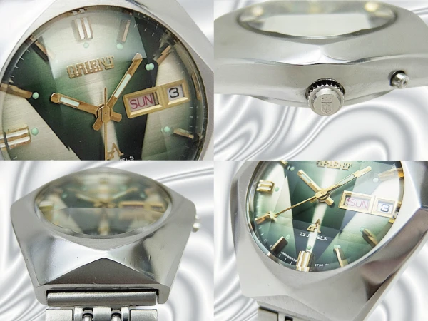 オリエント クロノエース 23石 Ref.TE429-27960 SS 変わりケース カットガラス グリーングラデ―ションダイヤル デイデイト 社外ブレス装着 オートマチック ORIENT CHRONOACE [代行おまかせコース]