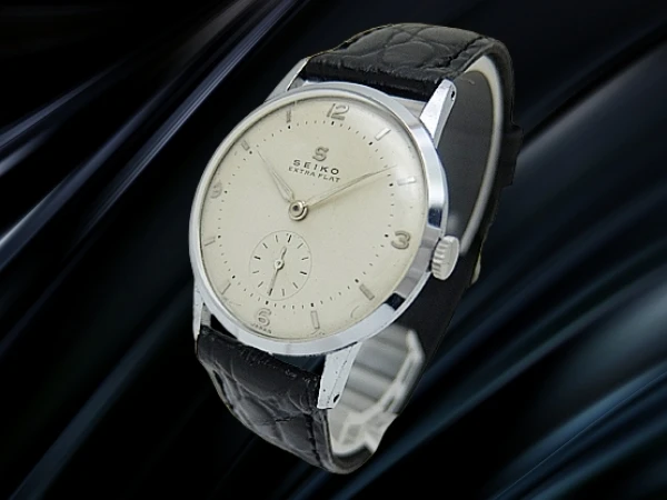 セイコー エキストラ フラット J14025 メッキ/SS 蛇Sマーク スモールセコンド 焼けたアイボリーダイヤル 社外レザー装着 アンティーク 手巻き SEIKO EXTRA FLAT [代行おまかせコース]