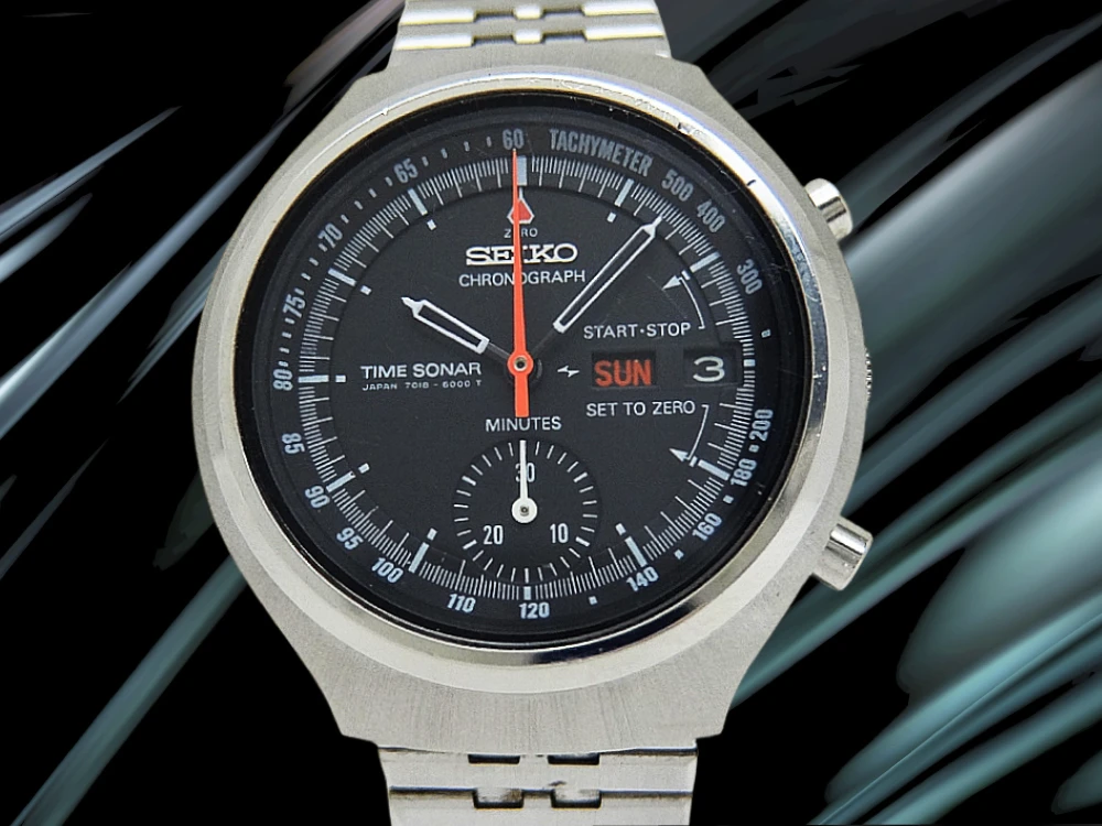 セイコー タイムソナー 7018-6000 SS スモークシースルー ブラックダイヤル SEIKOブレス装着 オートマチック 2025年OH済 時計店修理明細付属 SEIKO TIME SONER CHRONOGRAPH [代行おまかせコース]