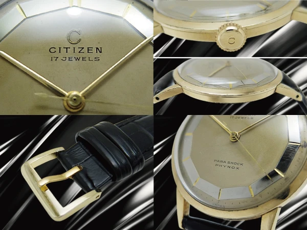シチズン センターセコンド 17石 14K GOLD FILLED/SS Cマーク 変わり文字盤 社外レザー装着 アンティーク 手巻き CITIZEN CENTER-SECOND PARA SHOCK PHYNOX [代行おまかせコース]